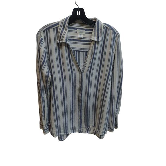 Sigrid Olsen Women's size Medium Striped Linen Button up Quiet Luxury Shirt Top - Picture 7 of 11